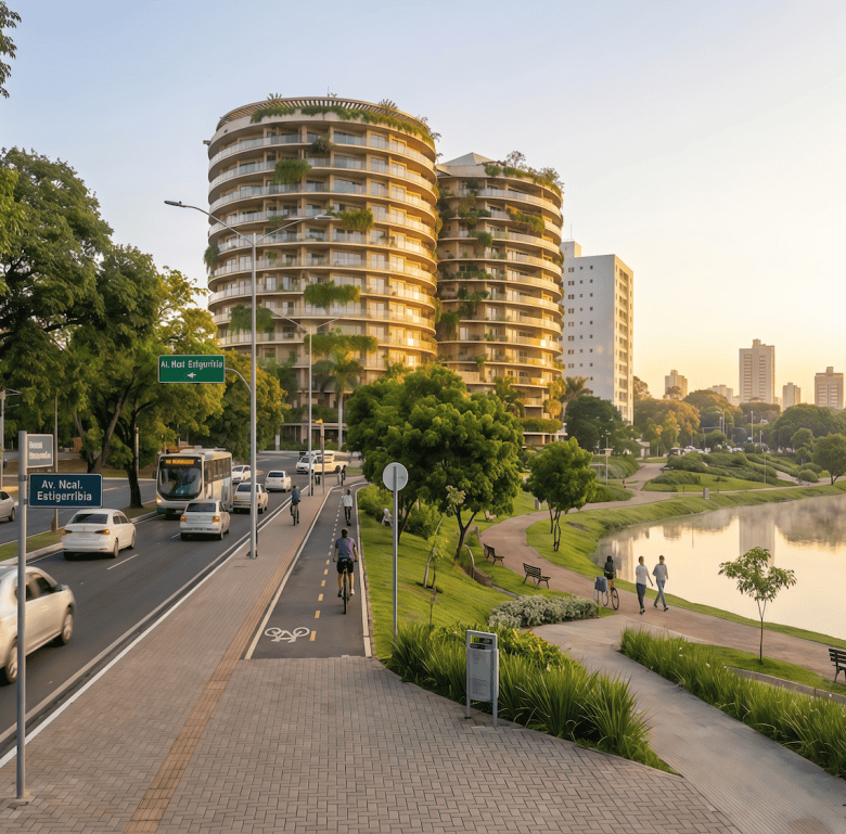 Modern residential towers in Ciudad del Este, Paraguay, near a scenic lake and park.