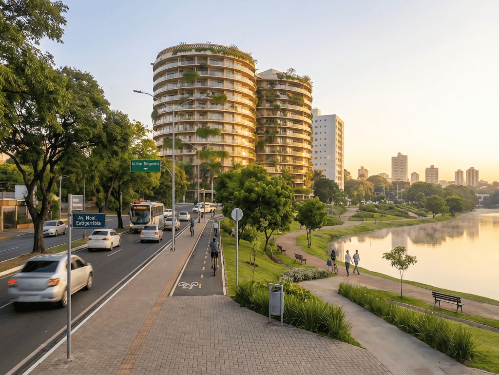 Modern residential towers in Ciudad del Este, Paraguay, near a scenic lake and park.