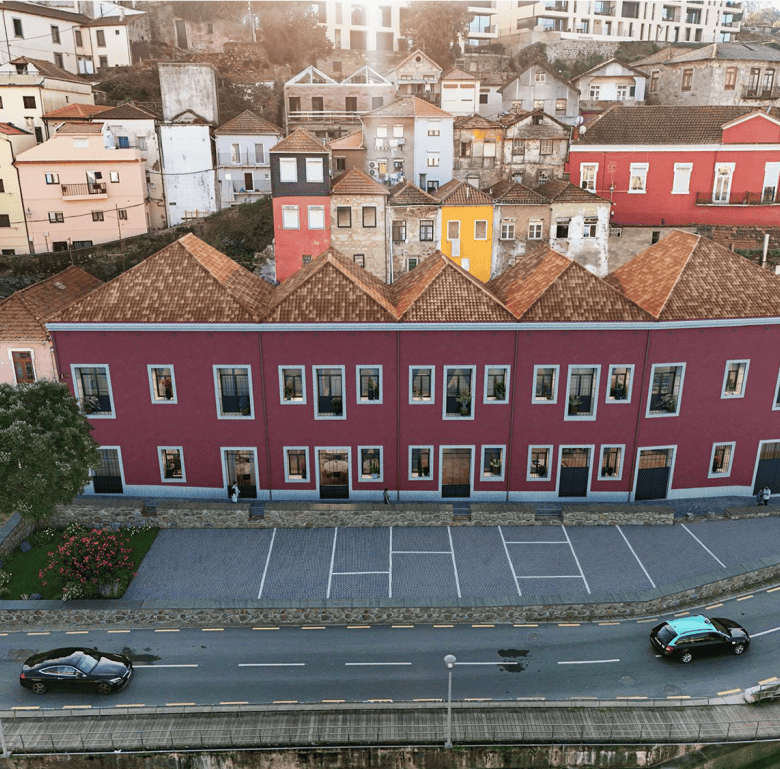 Brightly painted residential buildings in Porto, Portugal, showcasing local architecture and vibrant.
