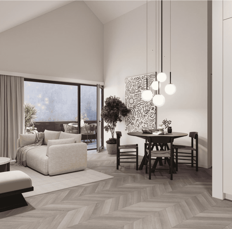 Modern living room with large window, balcony, and stylish decor in Porto, Portugal.