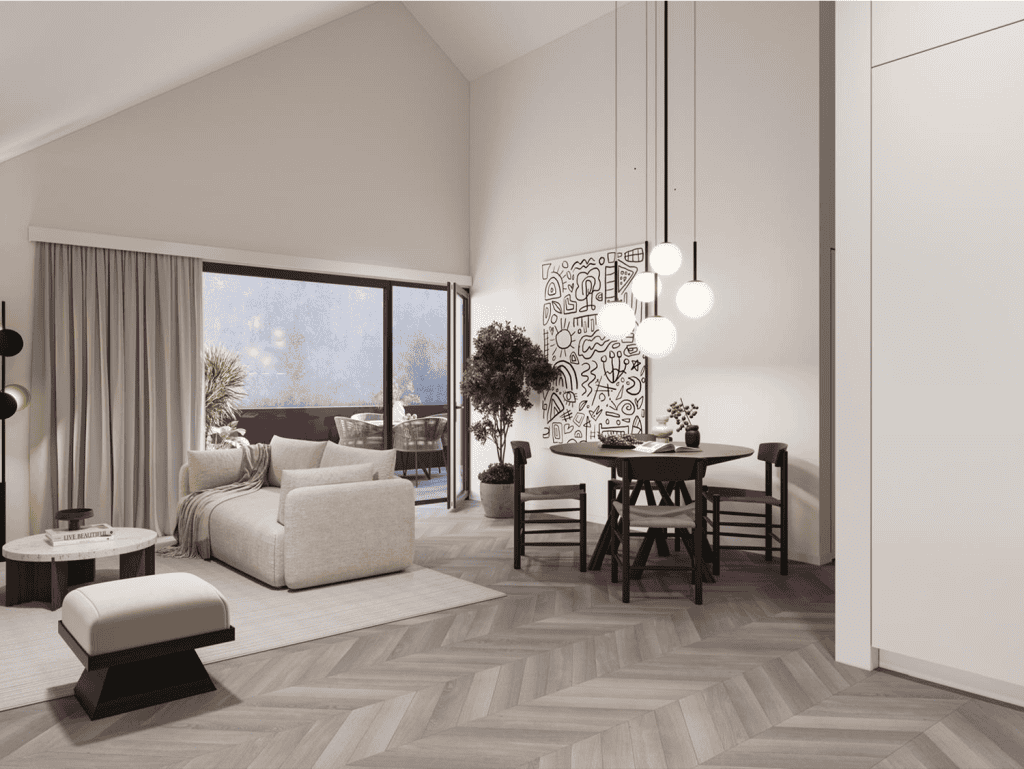 Modern living room with large window, balcony, and stylish decor in Porto, Portugal.
