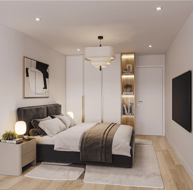 Elegant bedroom interior with contemporary design, neutral tones, and stylish furnishings in Porto.