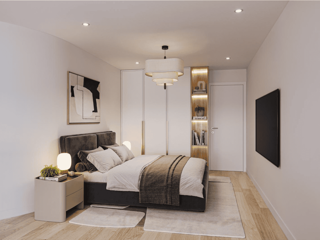 Elegant bedroom interior with contemporary design, neutral tones, and stylish furnishings in Porto.
