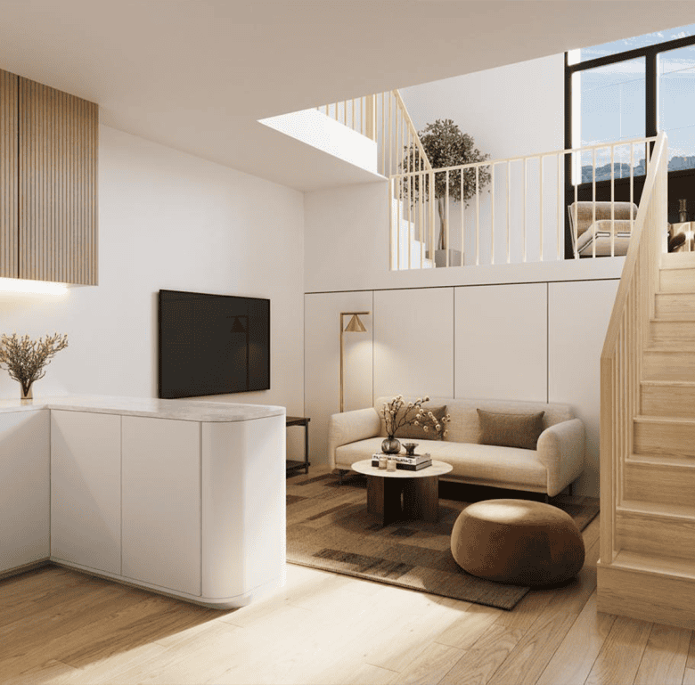 Bright, contemporary interior with a cozy sofa, wooden accents, and large windows.