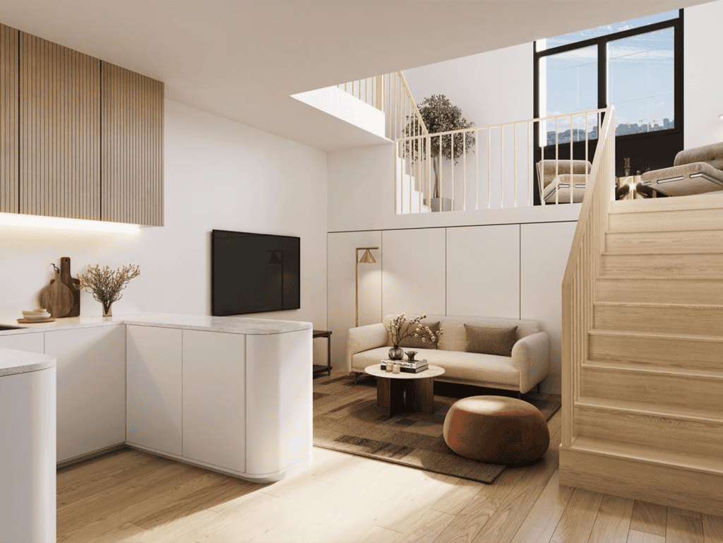 Bright, contemporary interior with a cozy sofa, wooden accents, and large windows.