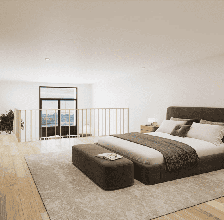 Modern bedroom with large window and minimalist decor in Porto, Portugal.
