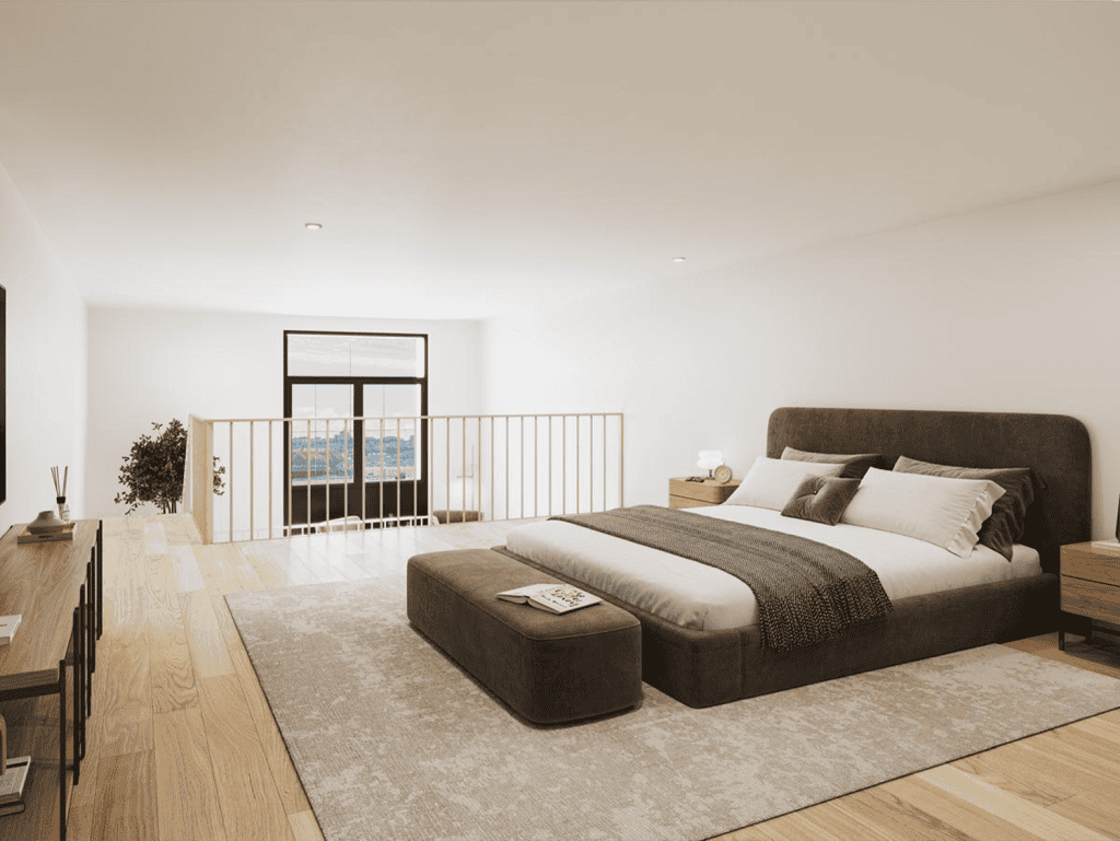 Modern bedroom with large window and minimalist decor in Porto, Portugal.