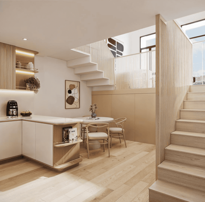 Bright Porto home interior with wooden stairs and contemporary decor.