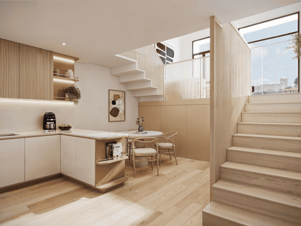 Bright Porto home interior with wooden stairs and contemporary decor.