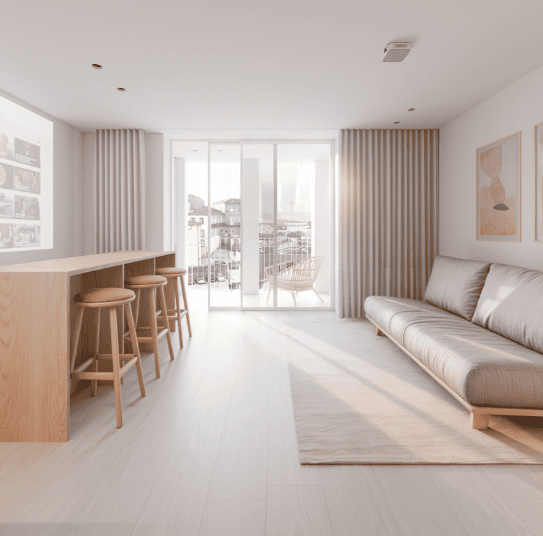Bright Porto apartment living room with balcony, minimalist decor, and large windows.