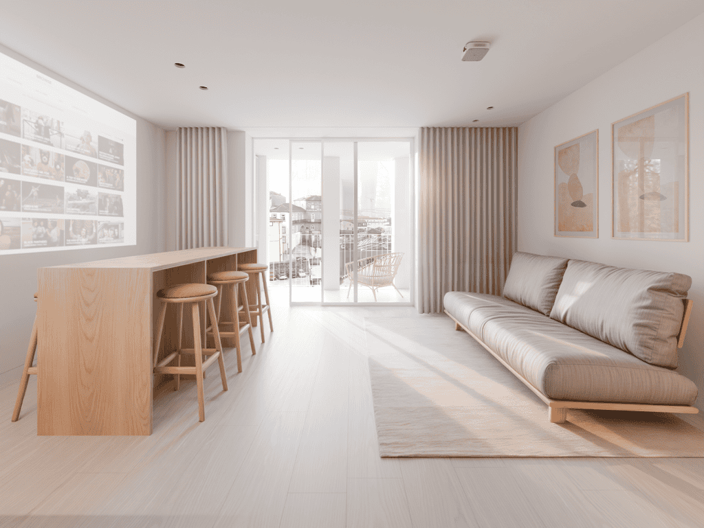 Bright Porto apartment living room with balcony, minimalist decor, and large windows.