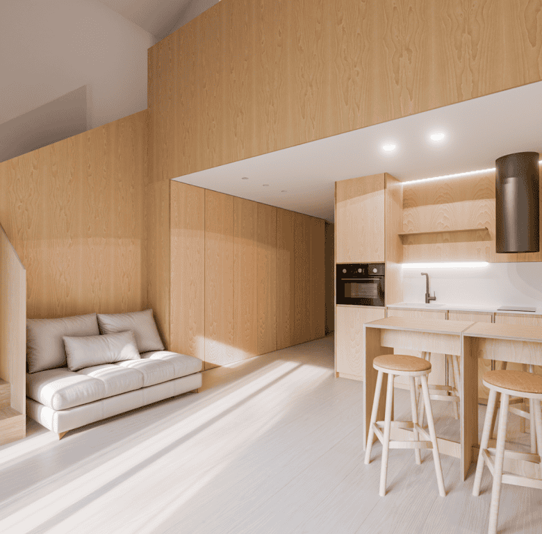 Modern interior of Pilar Apartments in Porto, Portugal, with a cozy living area and open kitchen des.
