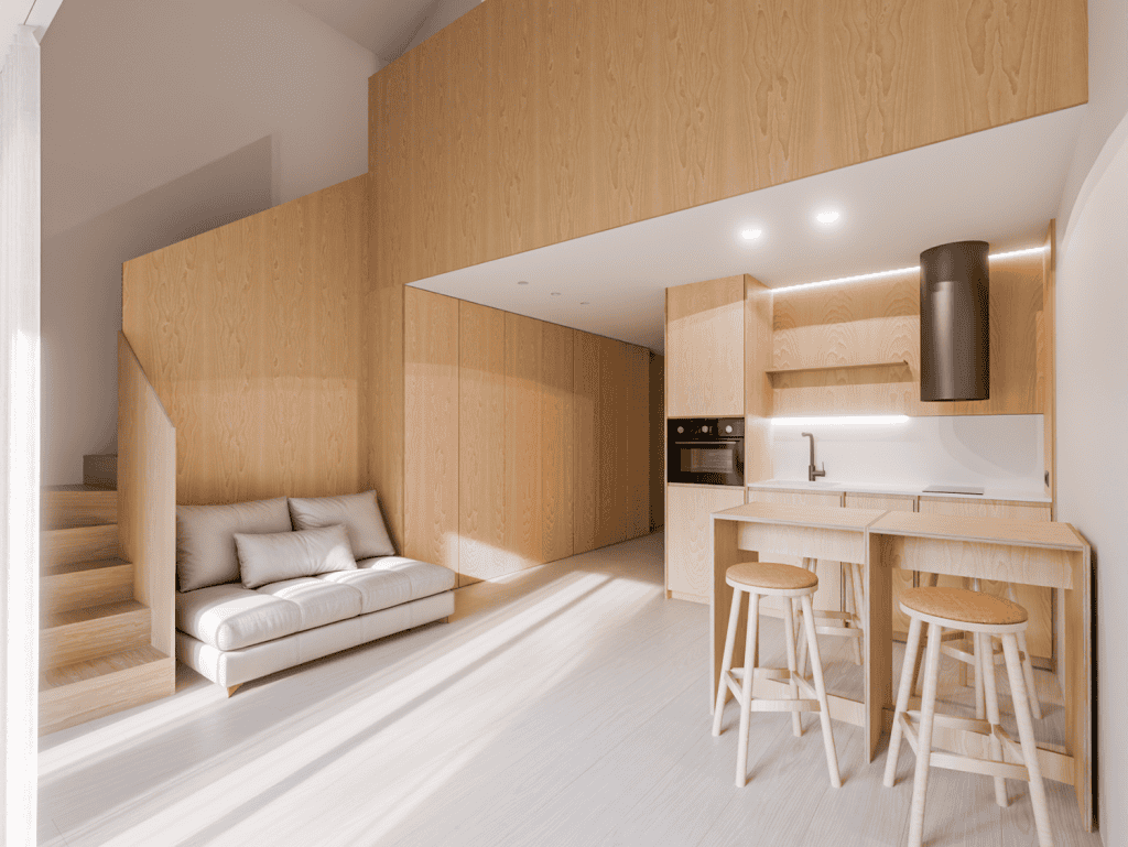 Modern interior of Pilar Apartments in Porto, Portugal, with a cozy living area and open kitchen des.