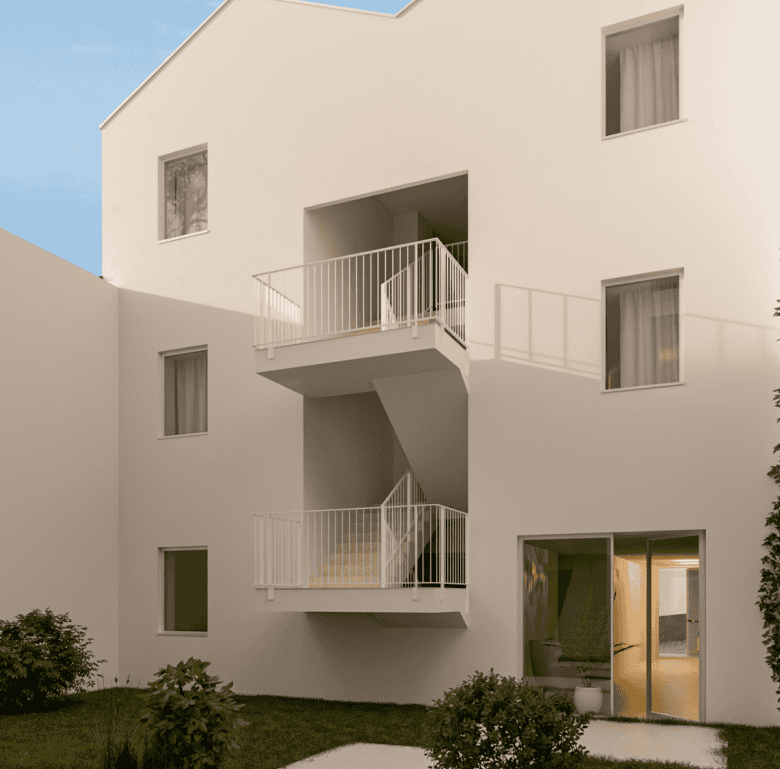Contemporary Porto apartment building with balconies and garden view.