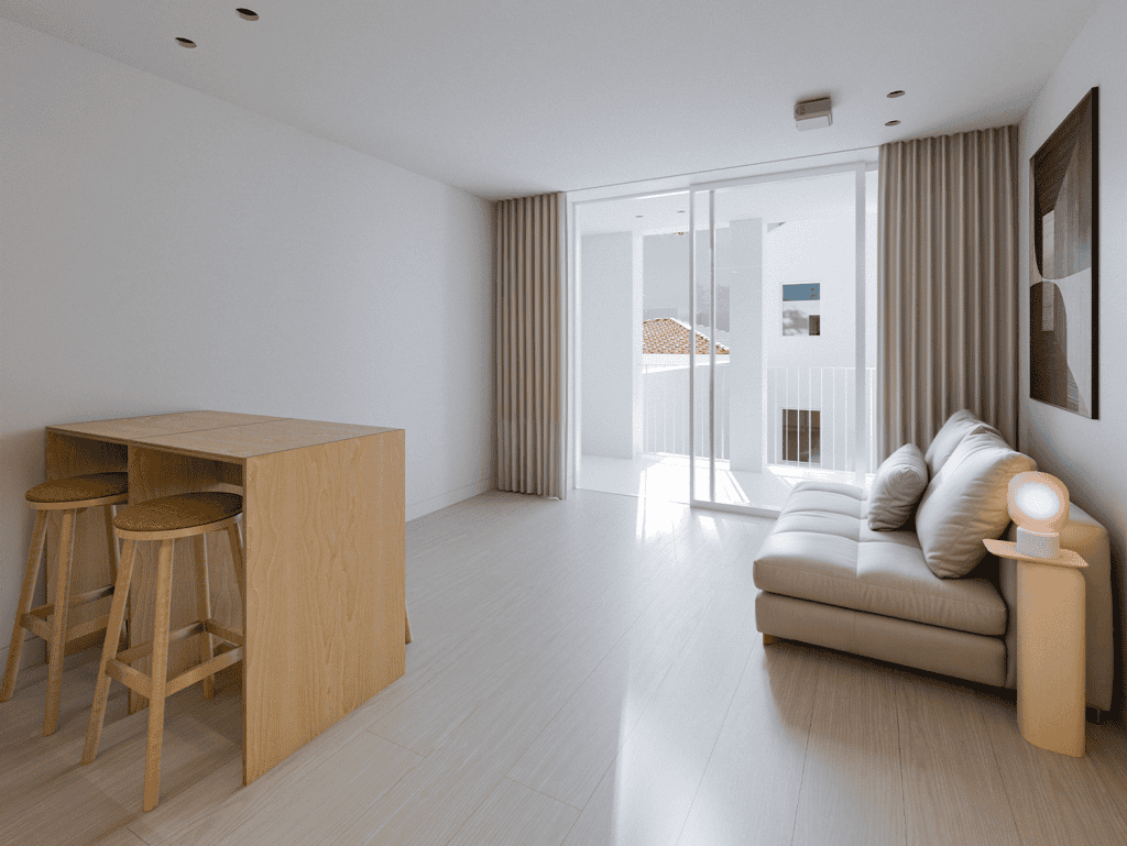 Bright living room with large glass doors opening to balcony in Porto, Portugal.