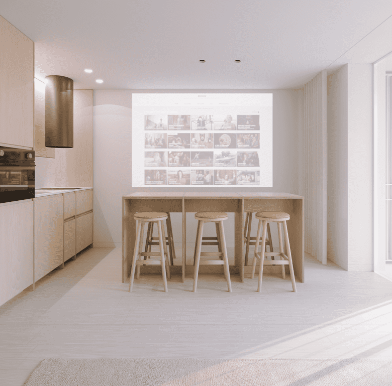 Porto Portugal apartment interior with kitchen and seating area.
