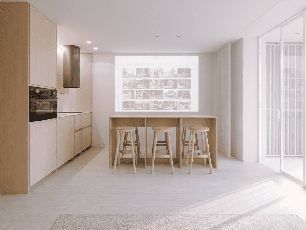 Porto Portugal apartment interior with kitchen and seating area.