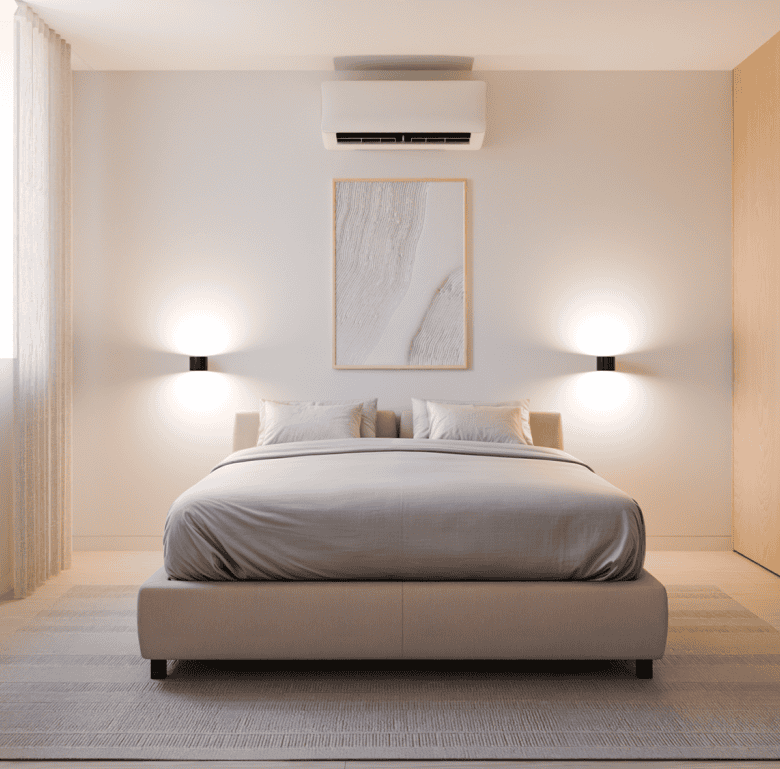 Modern bedroom with minimalist decor in Pilar Apartments, Porto, Portugal.