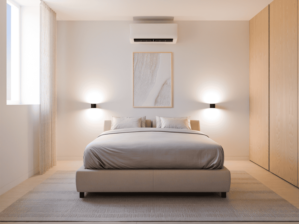 Modern bedroom with minimalist decor in Pilar Apartments, Porto, Portugal.