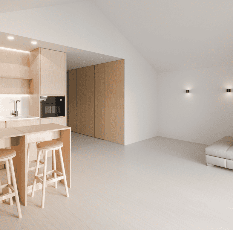 Bright, open-concept living space in Pilar Apartments, Porto, Portugal.