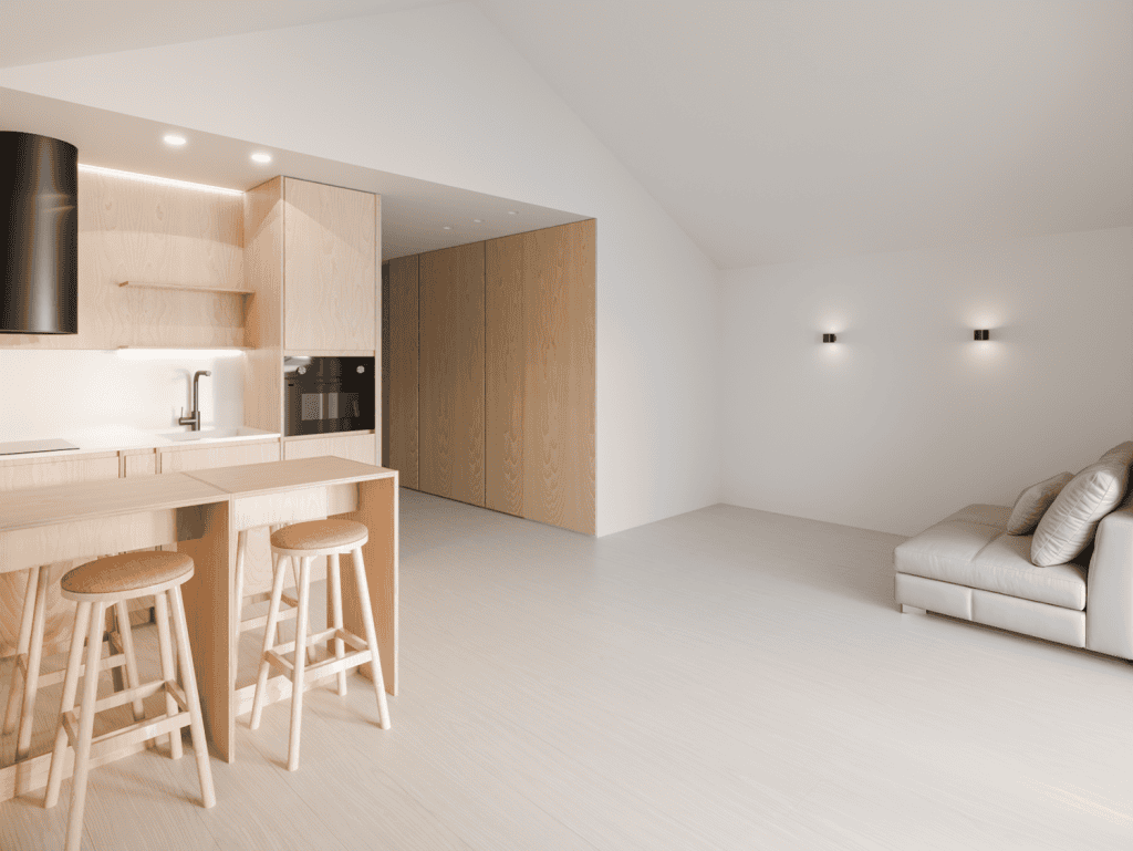 Bright, open-concept living space in Pilar Apartments, Porto, Portugal.