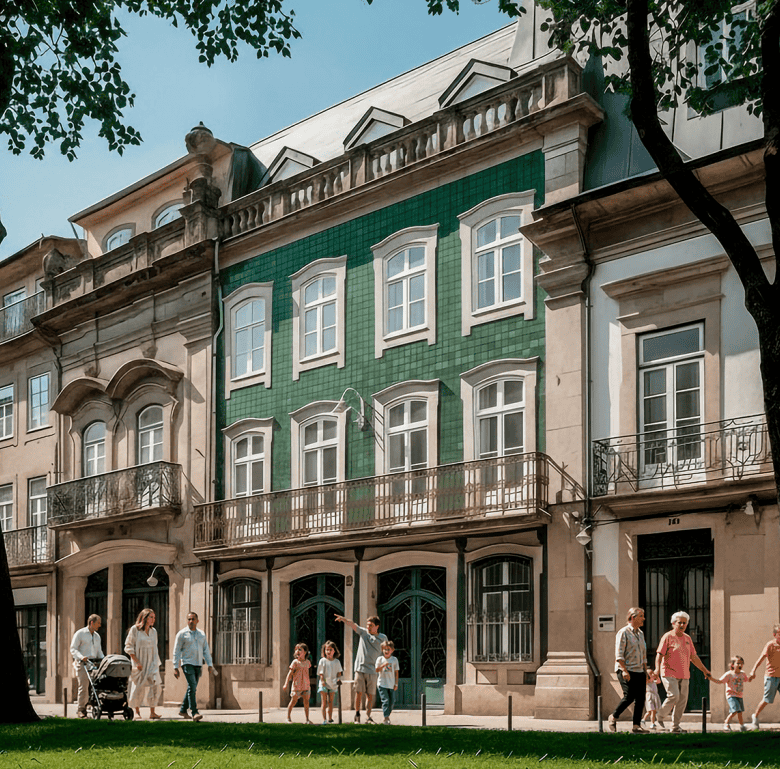 Beautiful historic building on Avenida Central, Braga, Portugal, with elegant architecture and vibra.