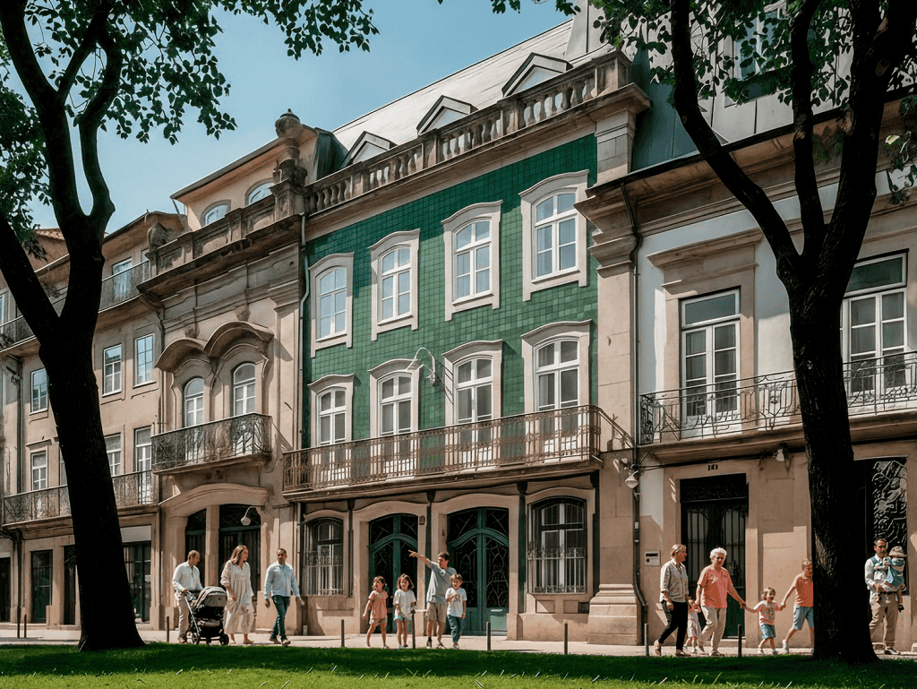 Beautiful historic building on Avenida Central, Braga, Portugal, with elegant architecture and vibra.