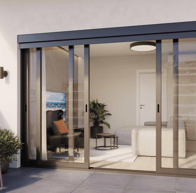 Modern apartment with glass sliding doors in Piraeus Gate, Athens, Greece.