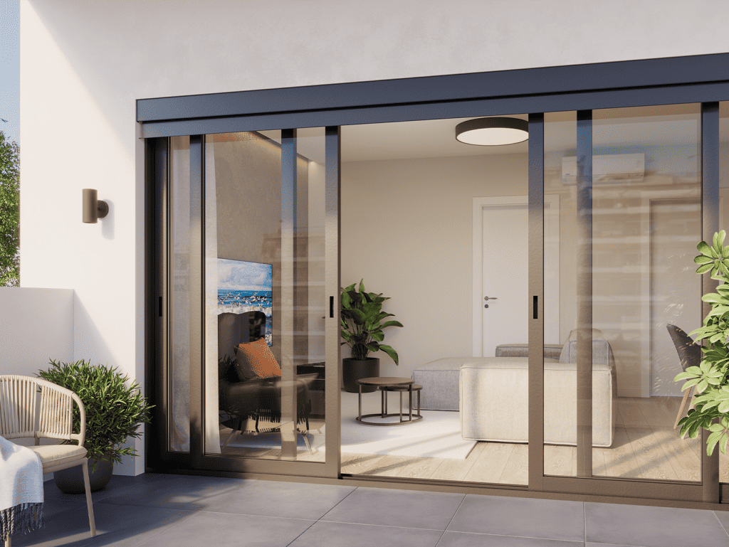 Modern apartment with glass sliding doors in Piraeus Gate, Athens, Greece.