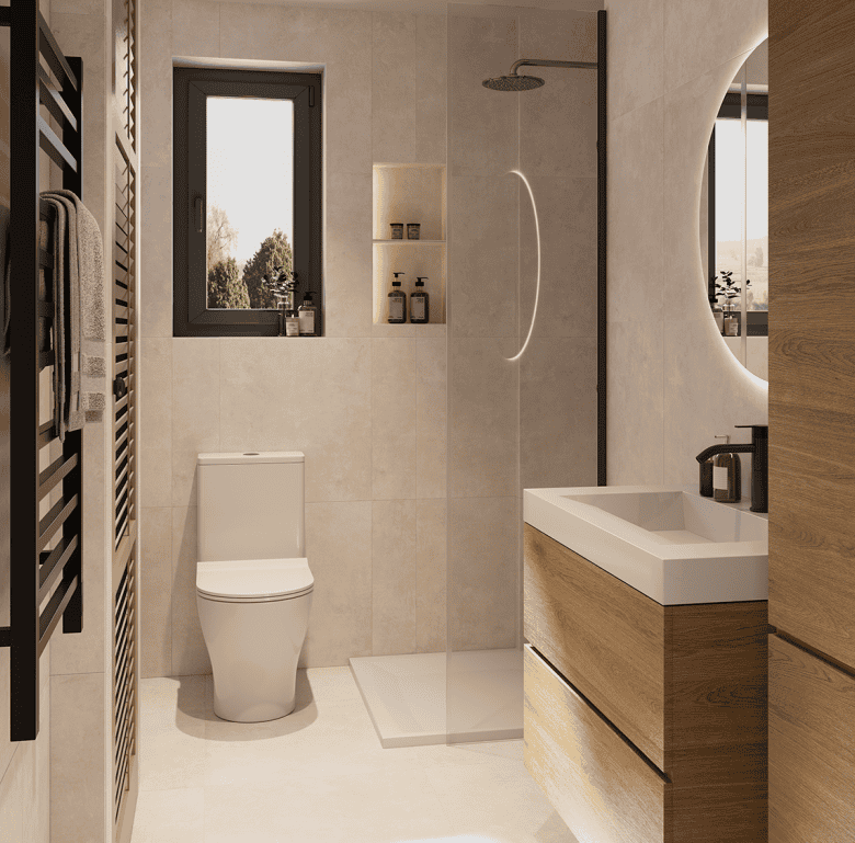 Bathroom interior with toilet, shower, and vanity in a contemporary style.