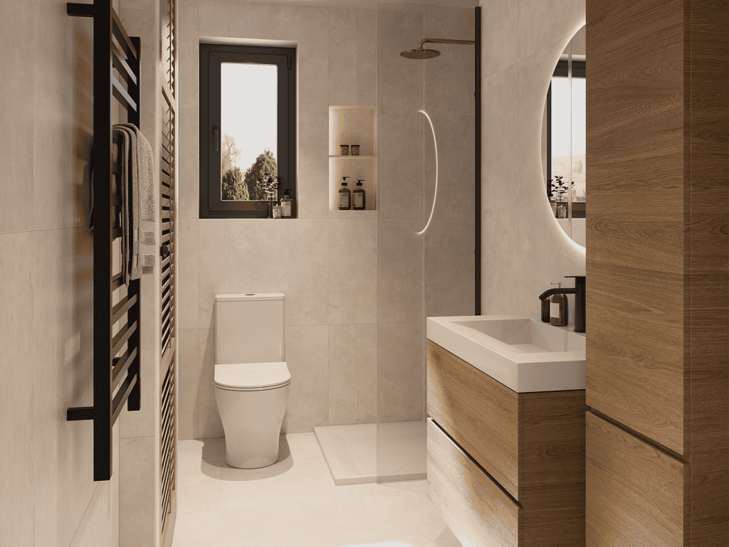 Bathroom interior with toilet, shower, and vanity in a contemporary style.