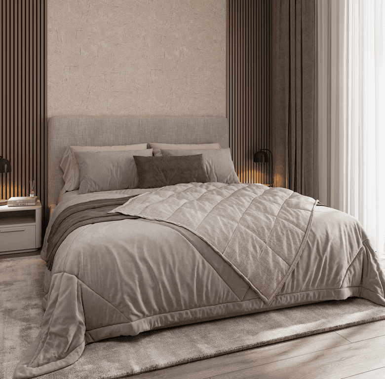 Modern bedroom with stylish decor and natural light.