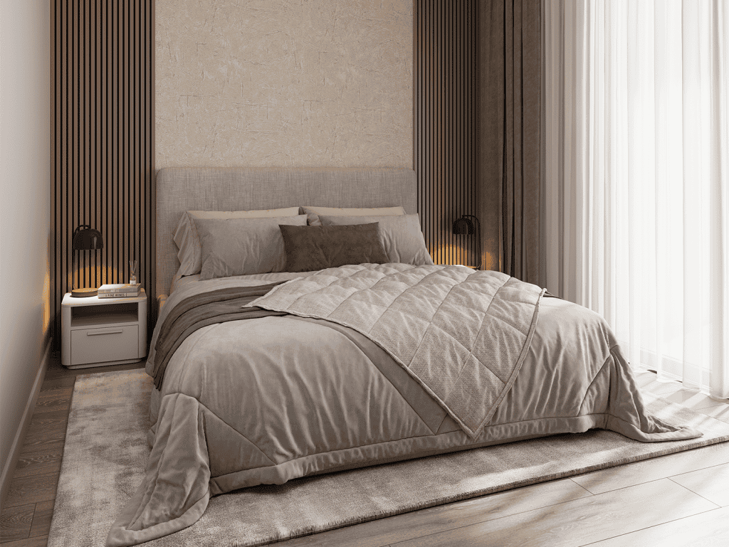 Modern bedroom with stylish decor and natural light.