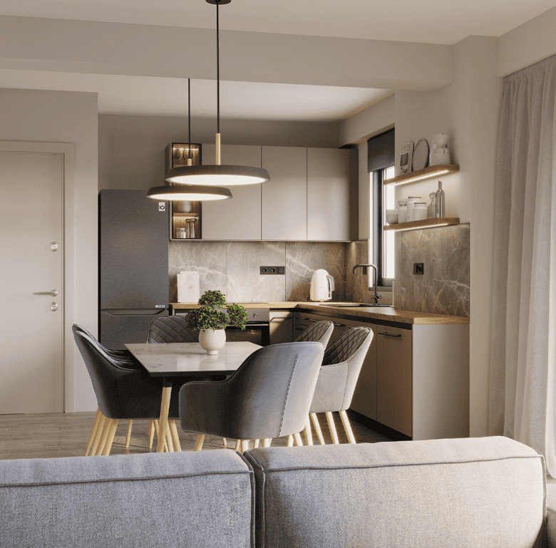 Modern Athens apartment interior with kitchen and dining area.