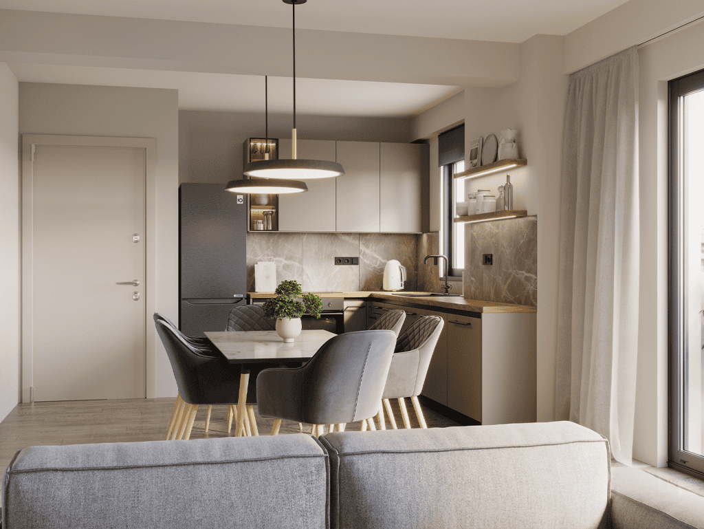 Modern Athens apartment interior with kitchen and dining area.