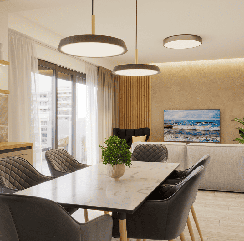 Modern living room with stylish decor and natural light, located in Piraeus Gate, Athens, Greece.