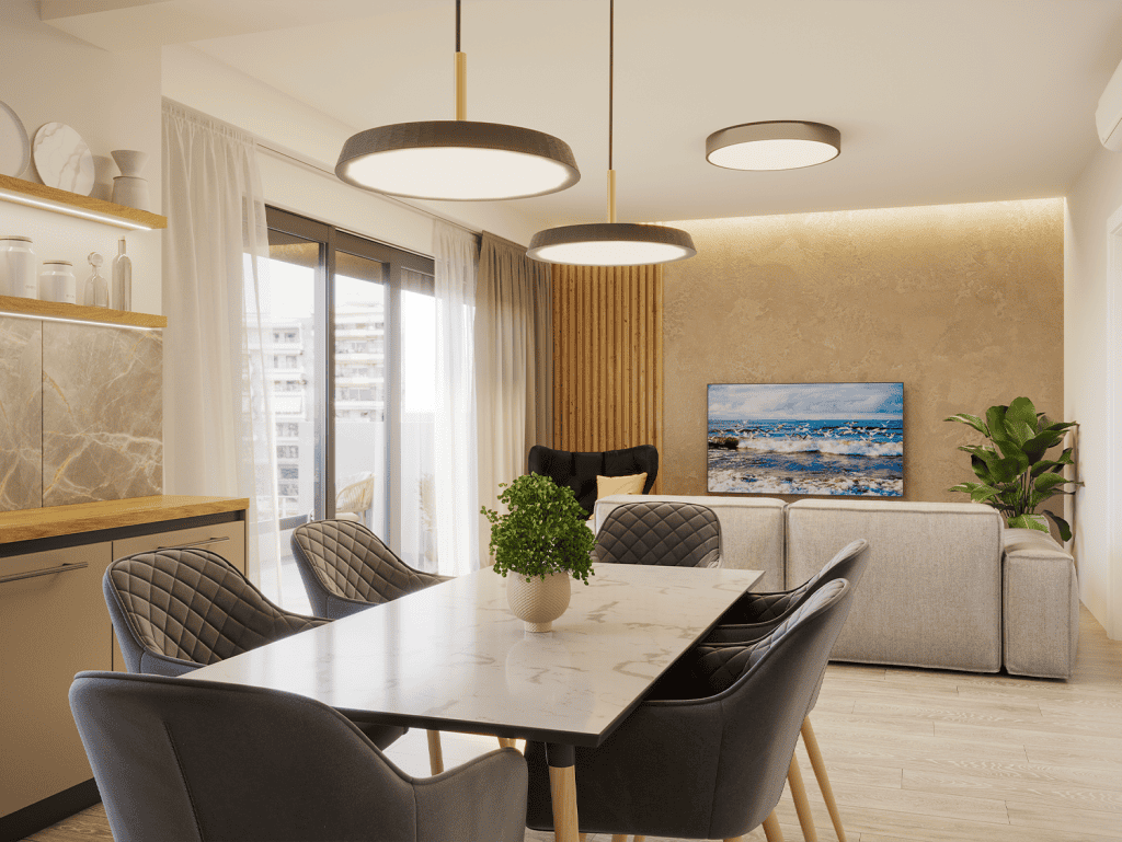 Modern living room with stylish decor and natural light, located in Piraeus Gate, Athens, Greece.