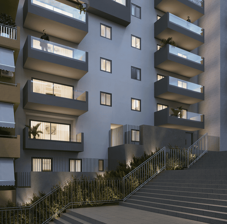 Modern apartment building in Piraeus Gate, Athens, Greece, with balconies and urban surroundings.