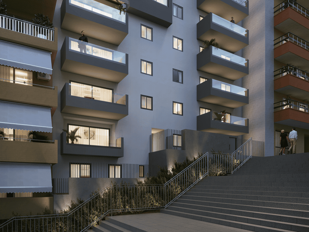 Modern apartment building in Piraeus Gate, Athens, Greece, with balconies and urban surroundings.