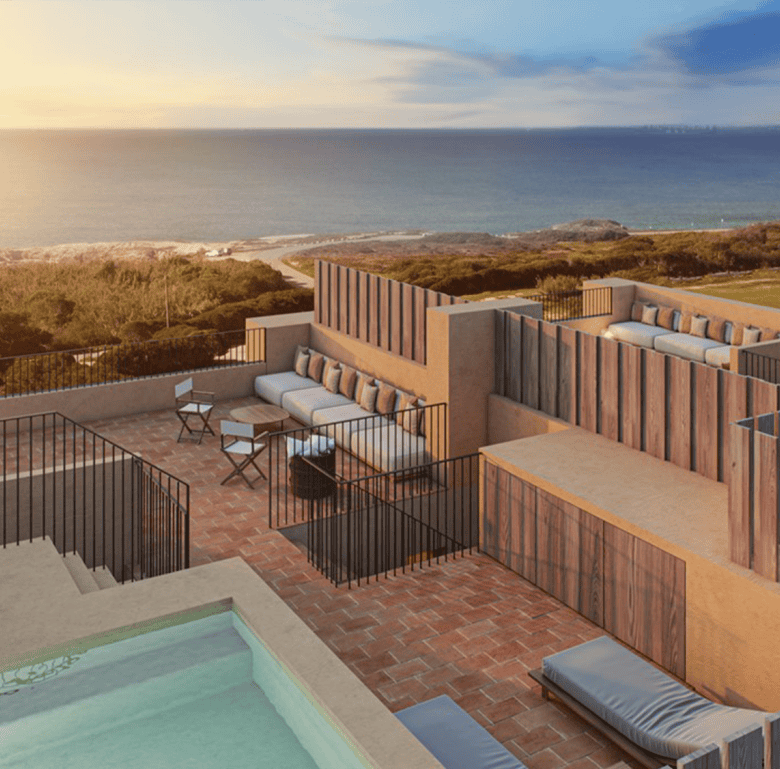 Stunning oceanview terrace in Porto Covo, Sines, Portugal with modern outdoor seating.