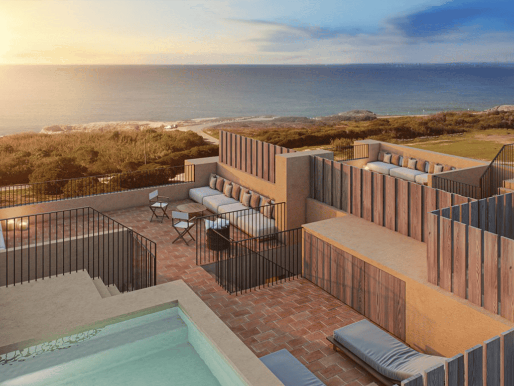 Stunning oceanview terrace in Porto Covo, Sines, Portugal with modern outdoor seating.