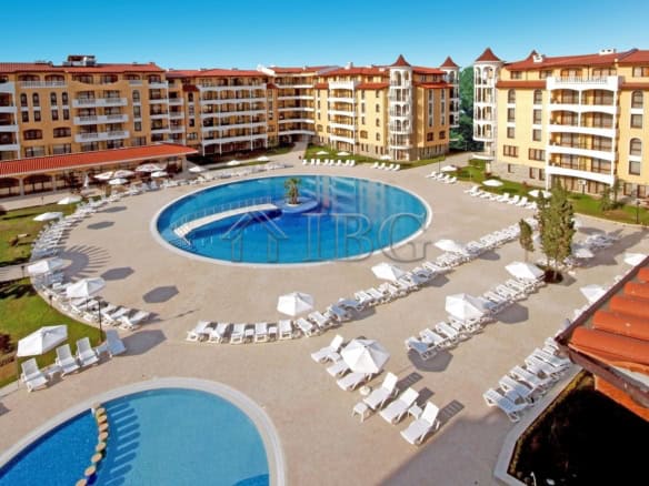 Beautiful view of the Royal Sun Complex pool area in Sunny Beach, featuring modern apartments with 2.
