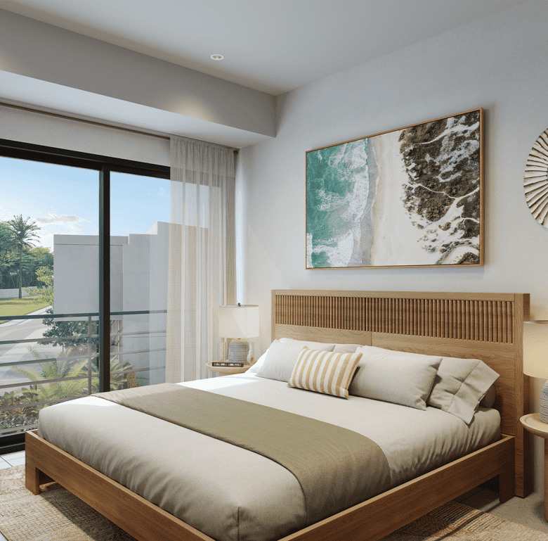 Modern bedroom with ocean view in Sol De Praia, Jaco, Costa Rica.
