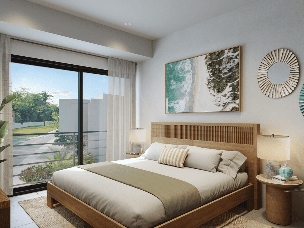 Modern bedroom with ocean view in Sol De Praia, Jaco, Costa Rica.