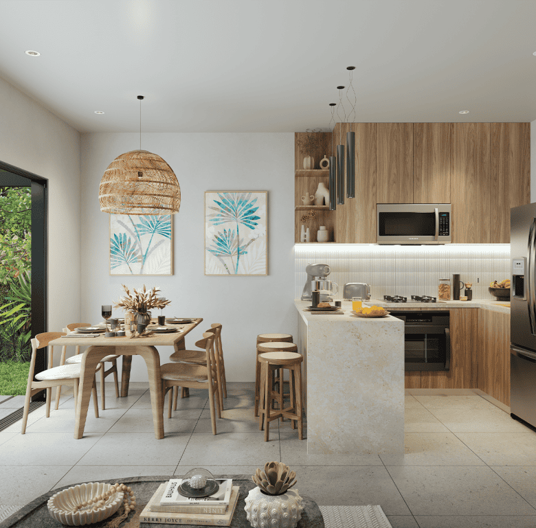 Costa Rican kitchen with dining space and garden view.