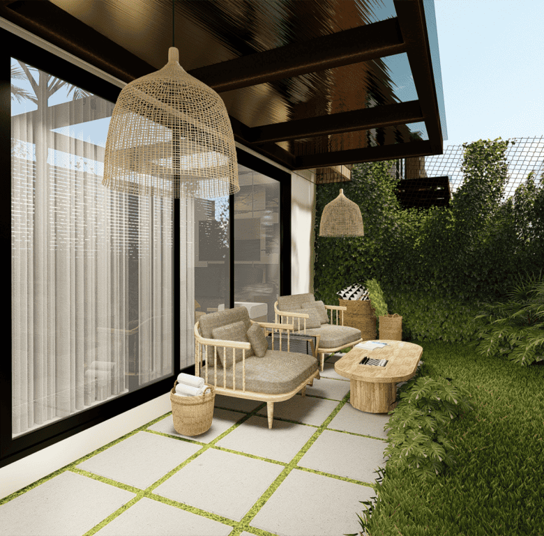 Outdoor patio with comfortable seating and greenery in Jaco, Costa Rica.