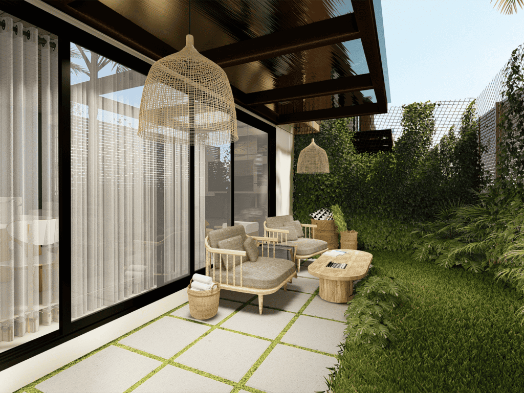 Outdoor patio with comfortable seating and greenery in Jaco, Costa Rica.