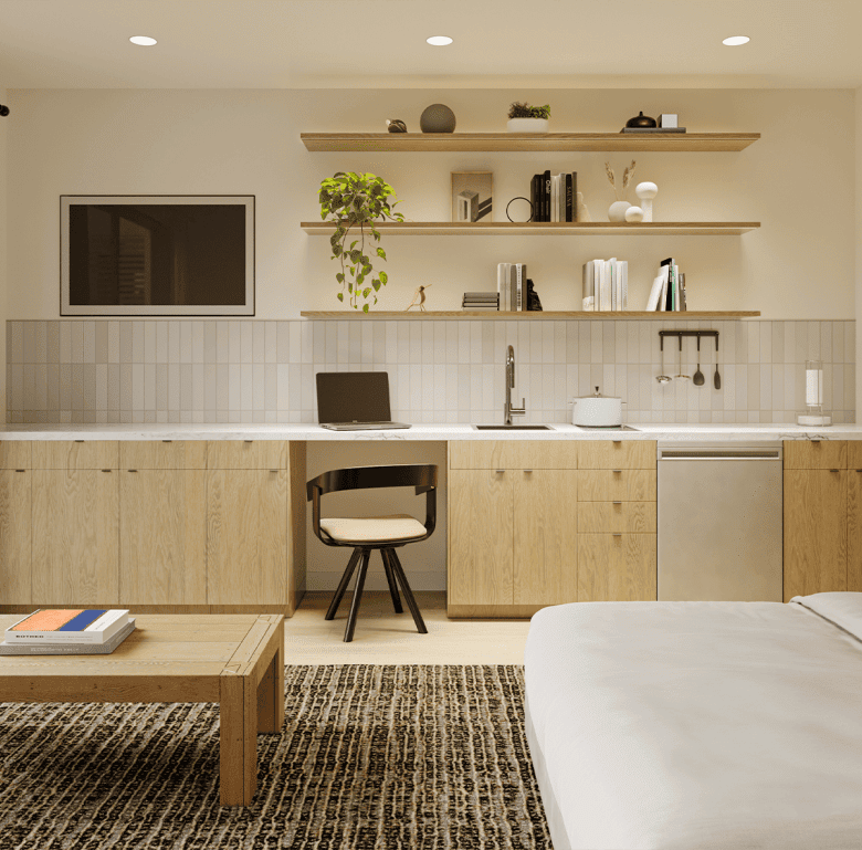 Modern kitchen and living space in Nashville, USA with sleek design and contemporary decor.