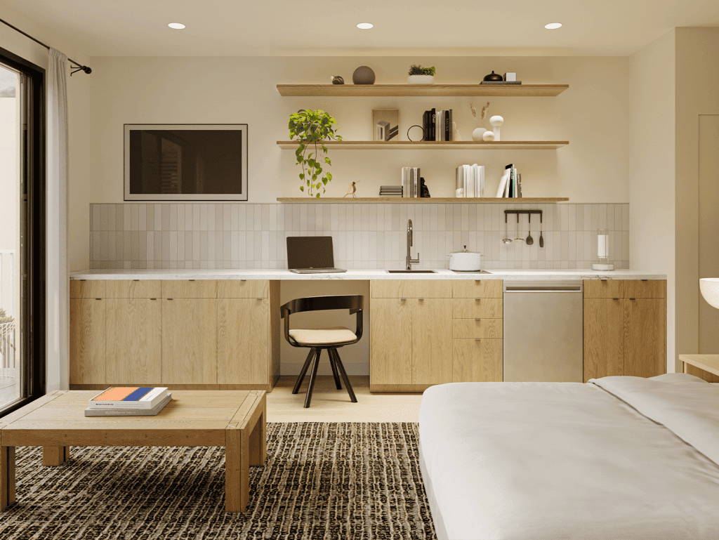 Modern kitchen and living space in Nashville, USA with sleek design and contemporary decor.