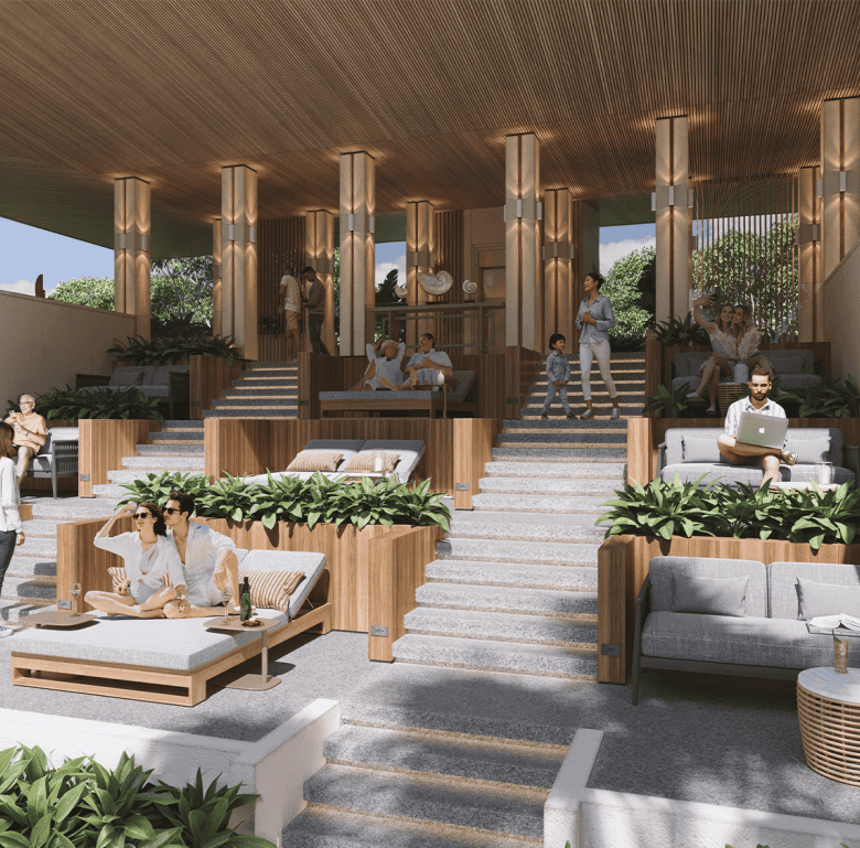 Outdoor lounge area with seating and greenery at Sudara, Phuket, Thailand.